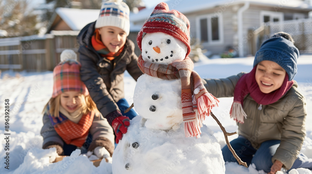 Children Building a Snowman in the Winter Garden
