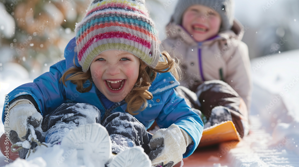 Kids Sledding Down Winter Hills Kids Sledding Down Winter Hills