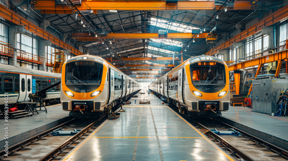 Fototapeta premium Modern Train Depot. A modern train depot with trains undergoing maintenance, illustrating the efficiency and technology involved in contemporary railway operations.