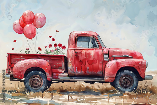 truck with hearts watercolor illustration
