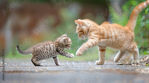 Two Kittens Playfully Interact On A Concrete Path