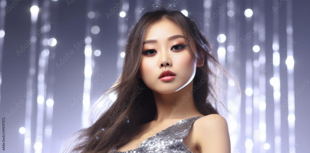 Beautiful cute sexy young asian woman with high gloss silver glittering dress, in glitter fantasy, celebrity and luxury premium style on silvery shiny sparkling dark grey background. Beautiful cute sexy young asian woman with high gloss silver glittering dress, in glitter fantasy, celebrity and luxury premium style on silvery shiny sparkling dark grey background.