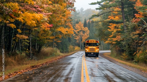 school bus on a road in the middle of the forest in autumn