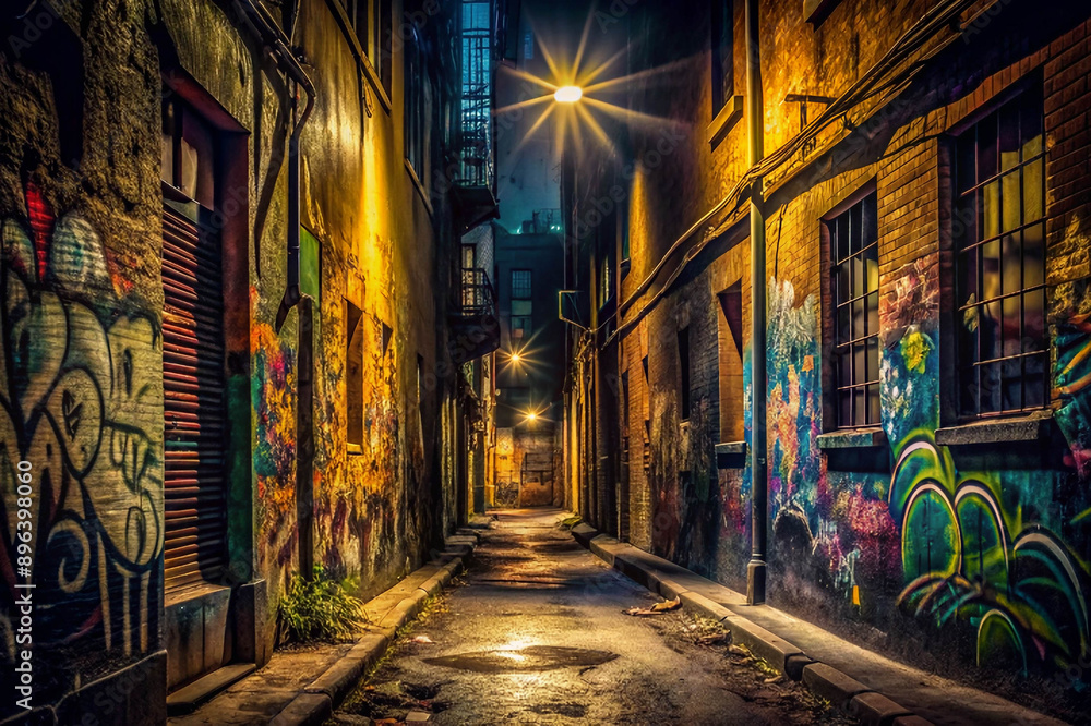 Fototapeta premium Dimly lit alleyway with colorful graffiti at night.