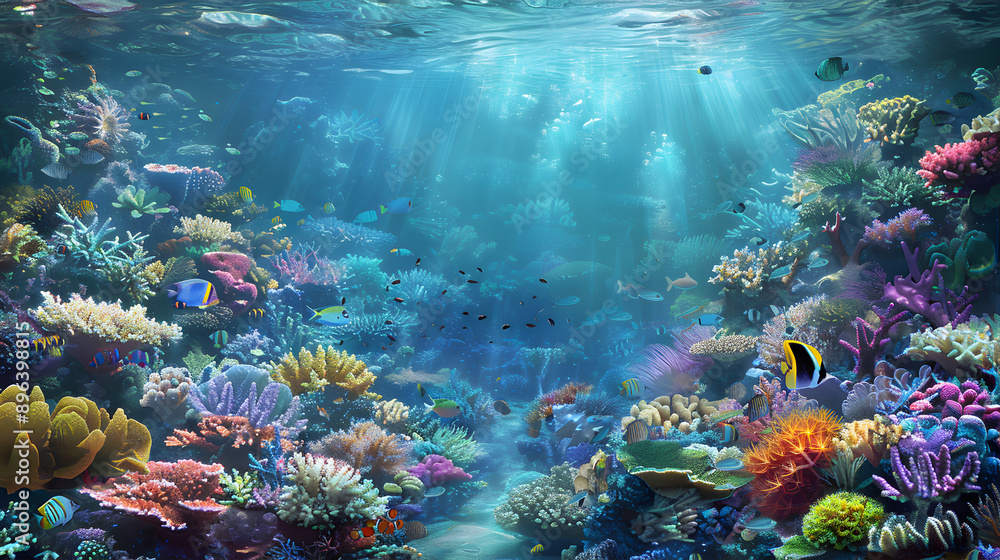 Fototapeta premium Colorful coral reef with fish in clear tropical sea