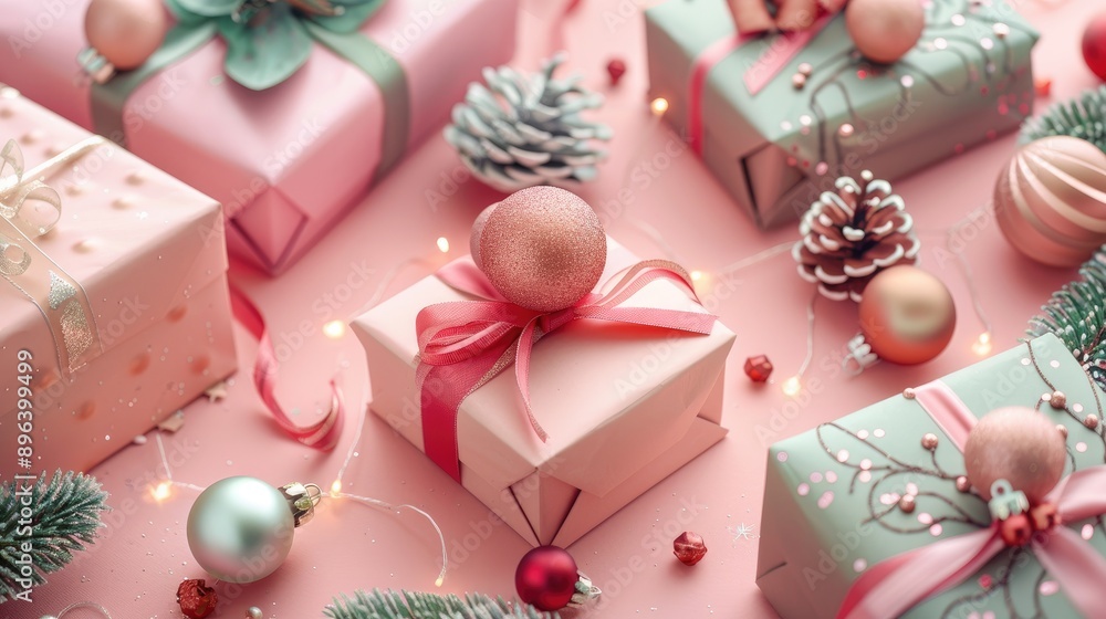 Holiday Boxes and Ornaments on Pink Table Holiday Boxes and Ornaments on Pink Table