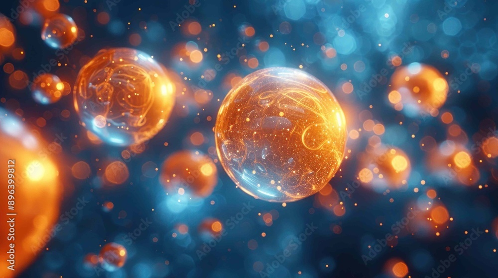 Many flying yellow spheres on a blue background in 3D rendering style with dramatic lighting and shadow effects Many flying yellow spheres on a blue background in 3D rendering style with dramatic lighting and shadow effects