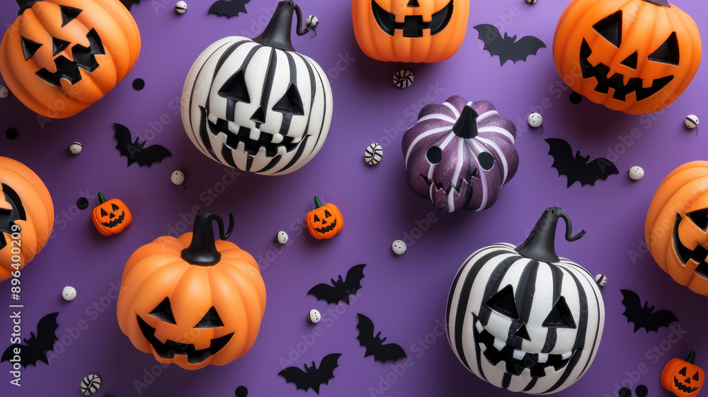 sleek black and white striped halloween pumpkins with bats and on a purple backdrop with festive decorations sleek black and white striped halloween pumpkins with bats and on a purple backdrop with festive decorations