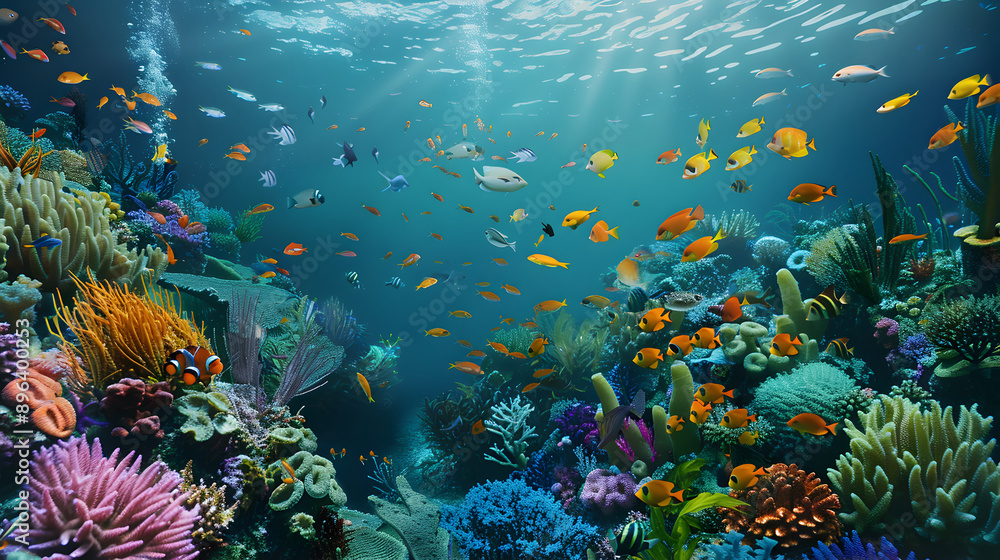 Naklejka premium Colorful coral reef teeming with fish in the Red Sea