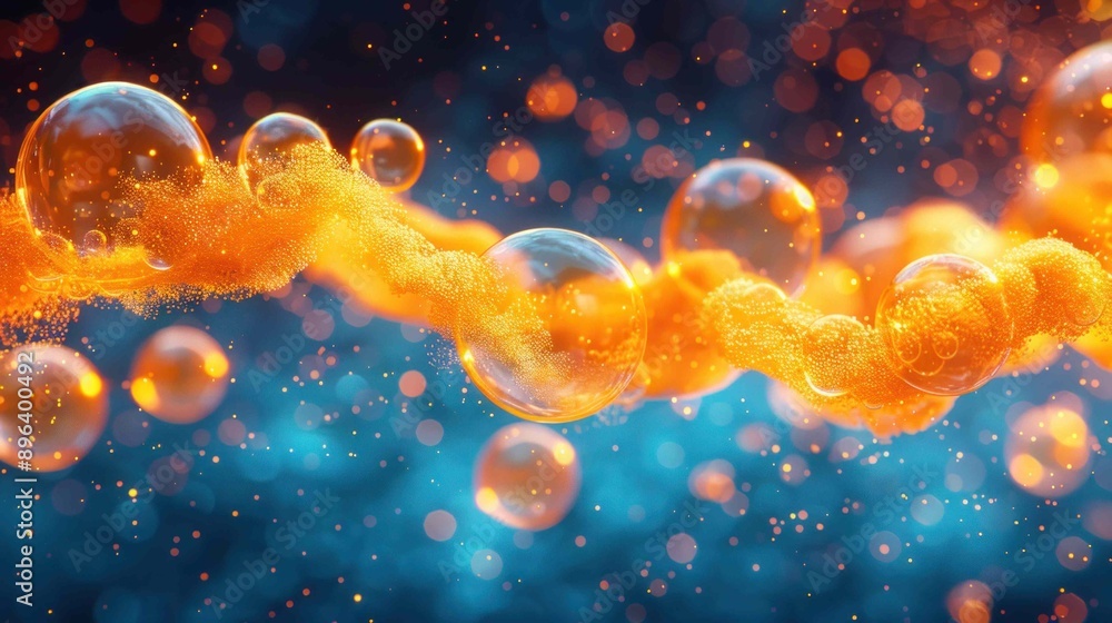 Naklejka premium Many flying yellow spheres on a blue background in 3D rendering style with dramatic lighting and shadow effects