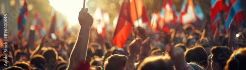 Crowded political rally with supporters waving flags.