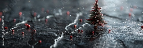 Miniature Christmas tree stands resilient amidst a frosty landscape, surrounded by a magical dusting of red glitter, creating a whimsical winter wonderland scene. photo