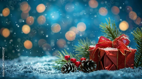 Festive red gift box with bow nestled in snowy pine branches, pinecones, and berries against a dreamy blue bokeh background, evoking holiday magic.