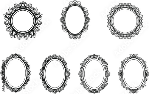 Set of oval frame vintage border engraving with swirl classic ornament, antique baroque decorative element, filigree, victorian style Vector illustration