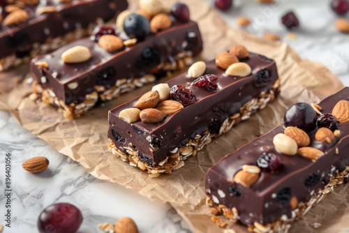 homemade granola bars dipped in dark chocolate topped with nuts and fruits