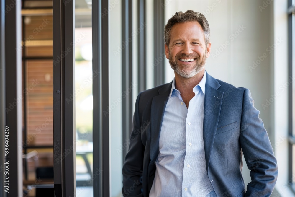 Successful business man smiling as he stands outside a meeting room in a professional workplace. Caucasian male executive looking away in reflection of his business accomplishments - generative ai Successful business man smiling as he stands outside a meeting room in a professional workplace. Caucasian male executive looking away in reflection of his business accomplishments - generative ai