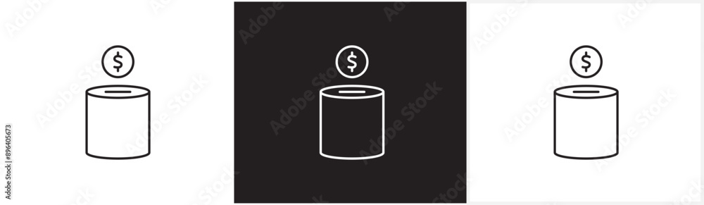 Savings can icon and finance icon. Thin line icon of saving money. Money, savings, income, wallet, dollars, coins, income, piggy bank, money storage icons on black and white and transparent background Savings can icon and finance icon. Thin line icon of saving money. Money, savings, income, wallet, dollars, coins, income, piggy bank, money storage icons on black and white and transparent background