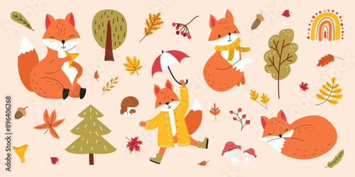 Autumn set with a cute fox. Fall Collection with a forest animal, leaves, mushrooms. 
Children vector illustration in the hand drawn style on isolated background.