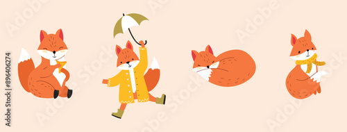 Set with fox in different poses. Fox in fall season with umbrella, with mushroom and in scarf.  Children's vector illustration in the hand drawn style on isolated background.