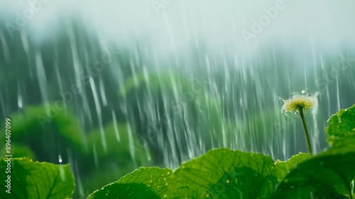 Rain falls softly on a field of green leaves, a single flower standing tall in the center of the frame