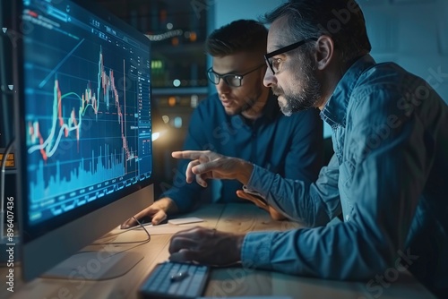 Two diverse crypto traders brokers stock exchange market investors discussing trading charts research reports growth using pc computer looking at screen analyzing invest strategy - generative ai