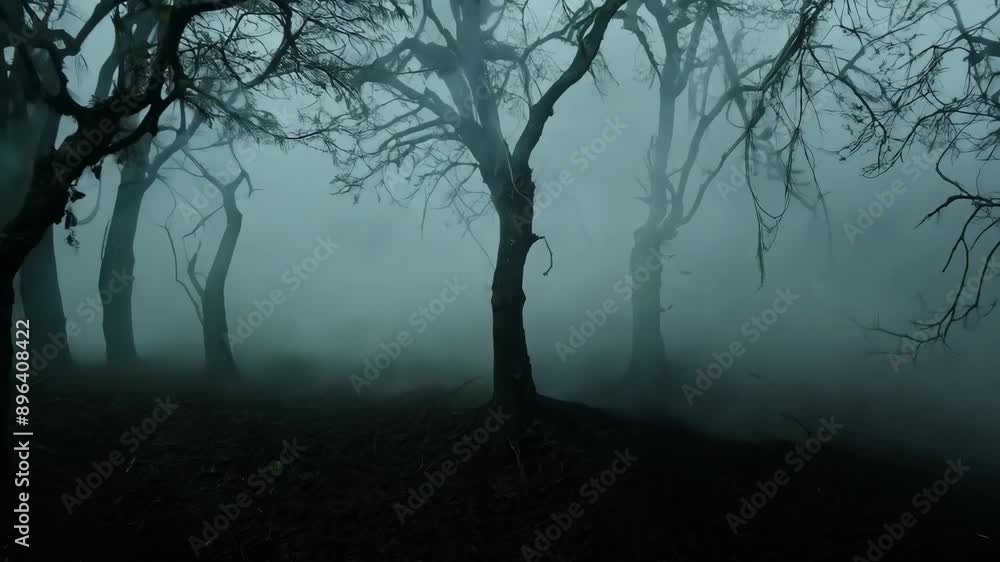 A dense fog hangs low in the air, shrouding a dark, spooky forest. The bare branches of trees reach out like skeletal fingers, creating a haunting atmosphere A dense fog hangs low in the air, shrouding a dark, spooky forest. The bare branches of trees reach out like skeletal fingers, creating a haunting atmosphere