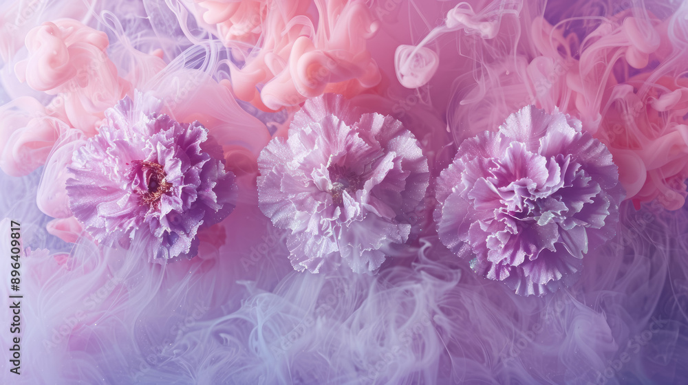 Fototapeta premium ethereal pink and purple carnations enveloped in mystical fog on a muted background