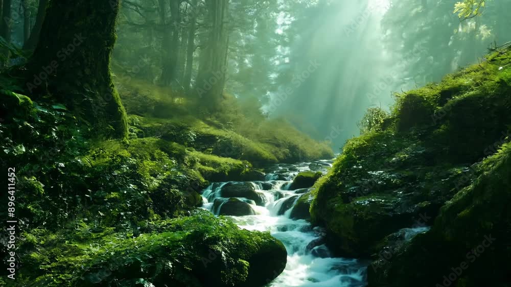 A scenic creek flows through a lush green forest on a sunny morning, with sunlight filtering through the trees and creating a beautiful, ethereal atmosphere A scenic creek flows through a lush green forest on a sunny morning, with sunlight filtering through the trees and creating a beautiful, ethereal atmosphere