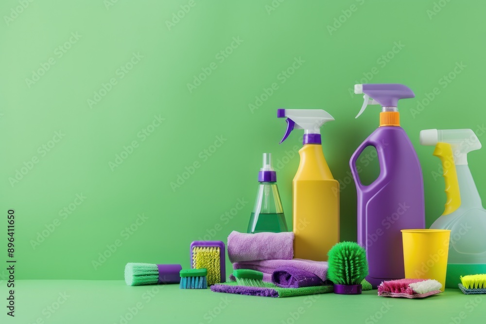 Cleaning Supplies and Accessories on Green Background Cleaning Supplies and Accessories on Green Background