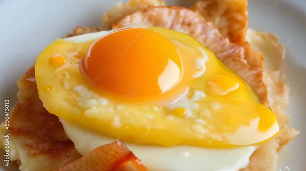 A fried egg with a runny yolk rests on a bed of flatbread, topped with strips of bacon and a savory sauce A fried egg with a runny yolk rests on a bed of flatbread, topped with strips of bacon and a savory sauce