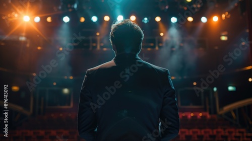 A businessman stands in front of a stage, possibly preparing for a presentation or speech