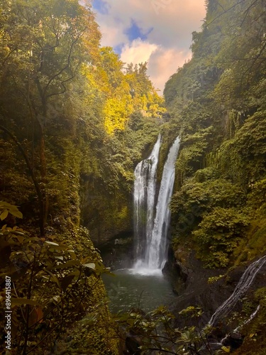 	A stunning waterfall cascades into a lush, green valley, surrounded by dense forest.