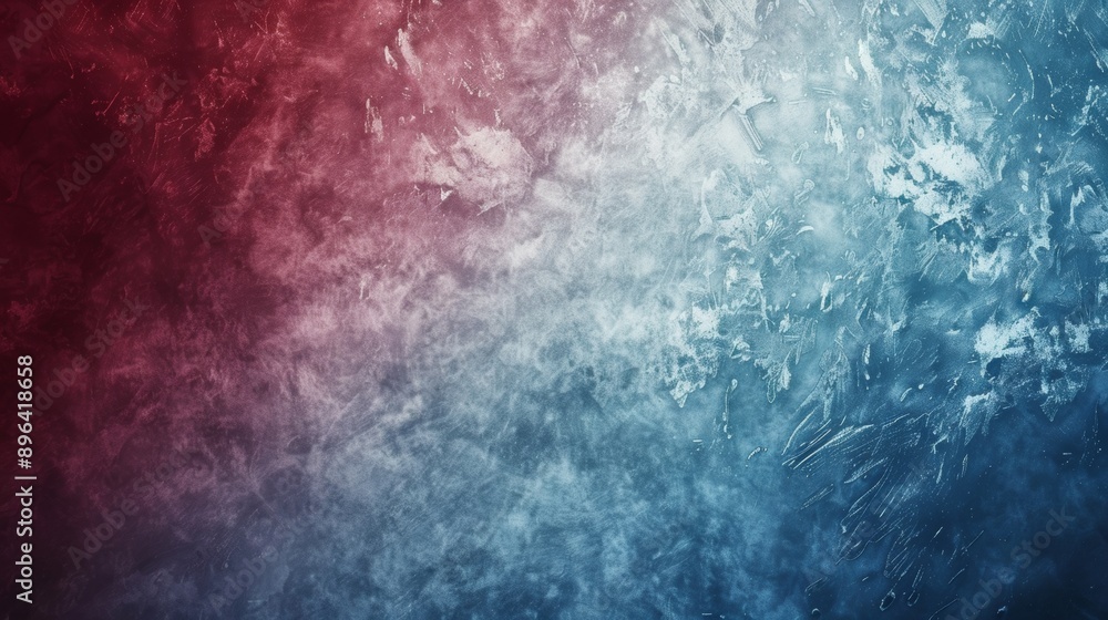 Obraz premium Vibrant red and blue paint blend on rough plaster wall, creating captivating abstract background with seamless gradient. Aged surface adds unique character, ideal for creative projects