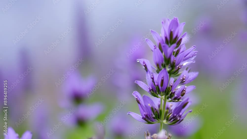 A single lavender stalk with delicate, purple flowers is in focus, with a field of lavender in the blurry background A single lavender stalk with delicate, purple flowers is in focus, with a field of lavender in the blurry background