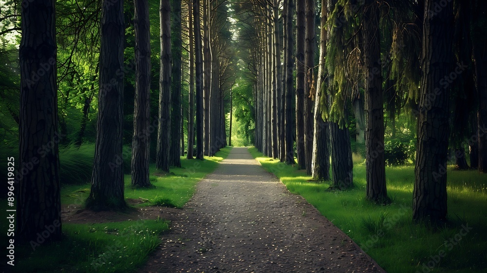Straight pathway leading through a lush green forest park with tall trees and a serene atmosphere : Generative AI Straight pathway leading through a lush green forest park with tall trees and a serene atmosphere : Generative AI