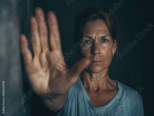 A woman holds her hand up in front of a wall, obstructing the view