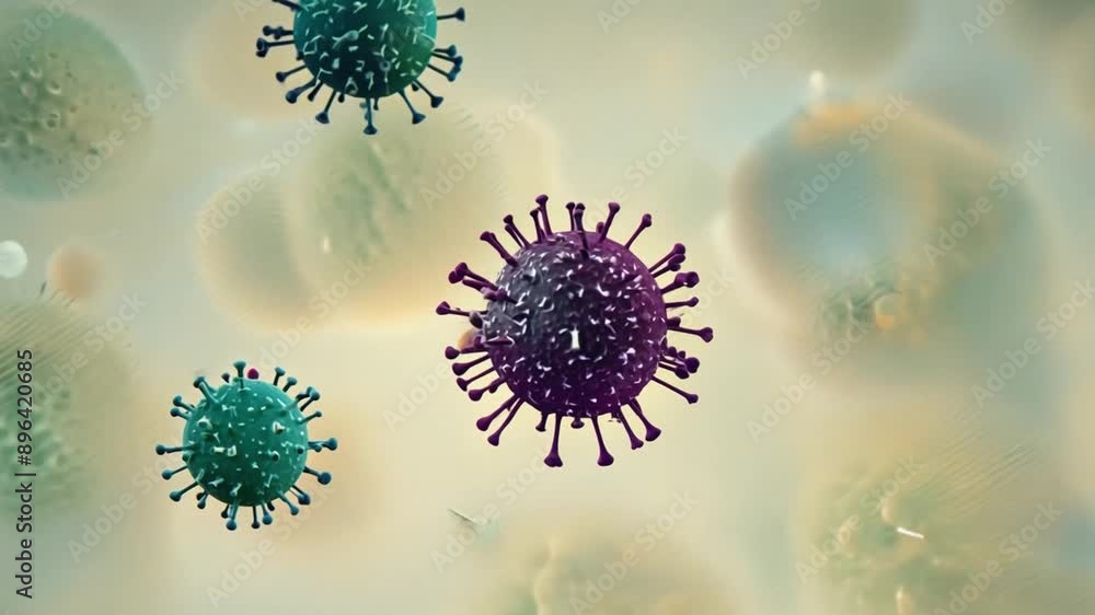 A close-up view of several viruses in various colors. A close-up view of several viruses in various colors.