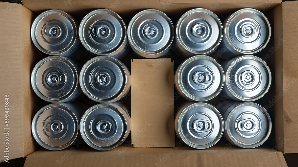 Top down view of a dozen soft dink pop cans in an old cardboard box : Generative AI Top down view of a dozen soft dink pop cans in an old cardboard box : Generative AI