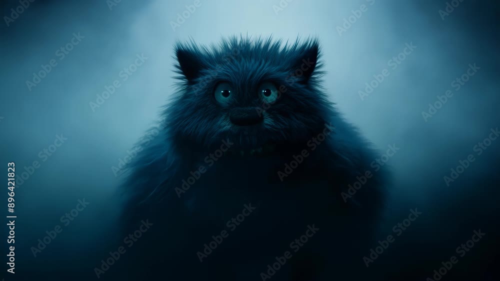 Low-angle close-up: Furry blue creature emerges from misty darkness. Static shot focuses on glowing eyes and sharp-toothed grin. Eerie yet playful atmosphere. Low-angle close-up: Furry blue creature emerges from misty darkness. Static shot focuses on glowing eyes and sharp-toothed grin. Eerie yet playful atmosphere.