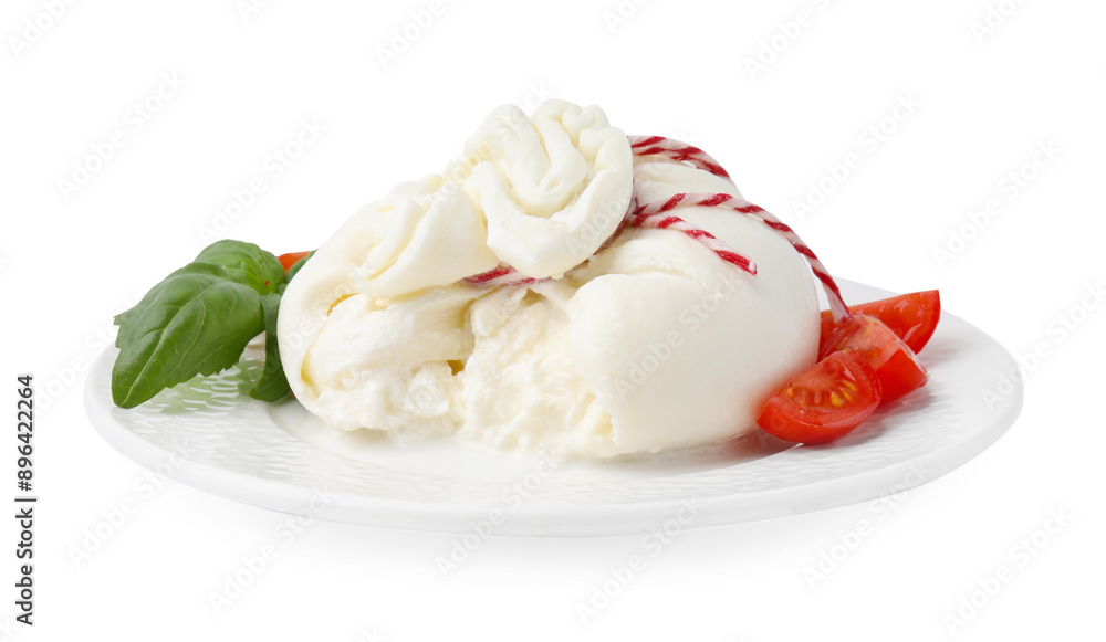 Delicious fresh burrata cheese, basil leaves and tomato isolated on white Delicious fresh burrata cheese, basil leaves and tomato isolated on white