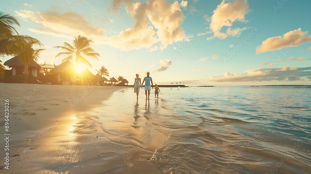 Fototapeta premium Happy family beach holiday and walking smile for vacation on tropical island Man woman and children together with sunglasses by ocean for travel with wellness mockup space at sunset in : Generative AI