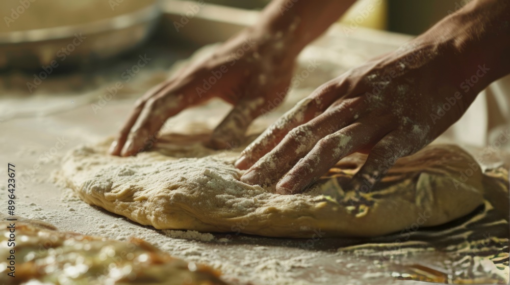 Hands knead the dough for baking bread. Chef. Close up of hands