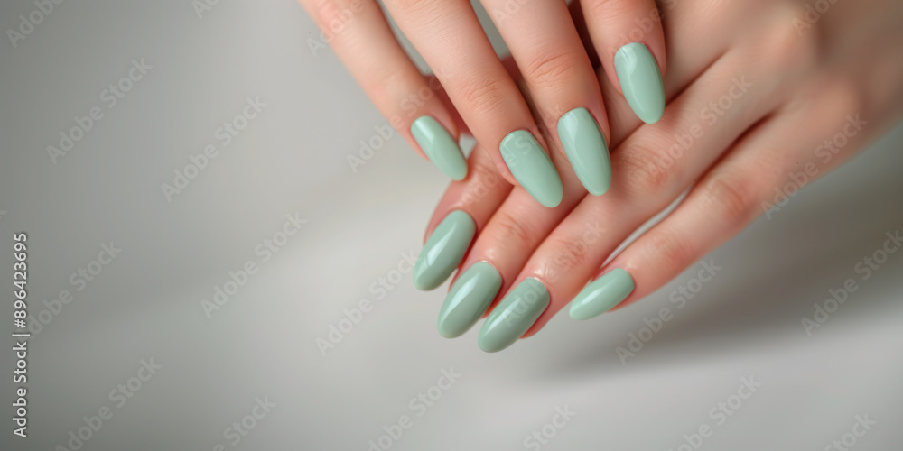 Female hands with fresh light green manicure, professional nail care Female hands with fresh light green manicure, professional nail care