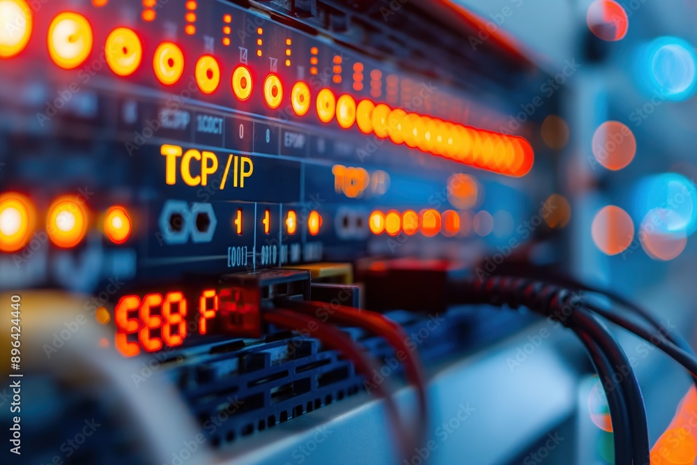 Macro shot of TCP/IP network interface with glowing LED indicators Macro shot of TCP/IP network interface with glowing LED indicators