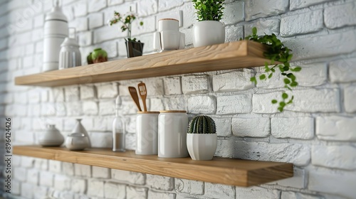 Miscellaneous on the wall shelf Things on the brick wall shelf Shelves on a white brick wall Decorative items on the shelf Interior design of wall : Generative AI © The Little Hut
