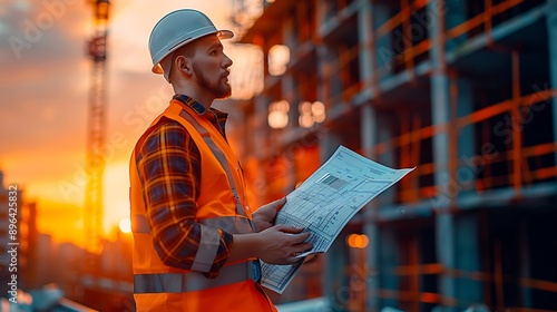 Civil architect engineer inspecting and working outdoors structure building site with blueprints. : Generative AI