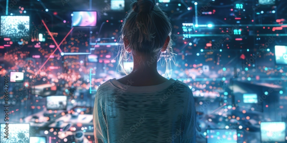 A woman standing in front of a wall of television screens, possibly looking at news or entertainment programs A woman standing in front of a wall of television screens, possibly looking at news or entertainment programs