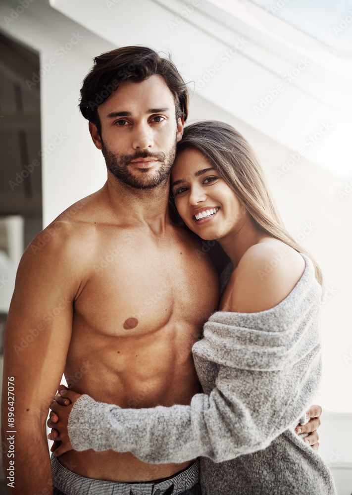 Happy portrait, couple and hug in home with loyalty, security and bonding together for love. Topless man, woman and embrace with smile for romantic care, healthy relationship and relax in apartment Happy portrait, couple and hug in home with loyalty, security and bonding together for love. Topless man, woman and embrace with smile for romantic care, healthy relationship and relax in apartment