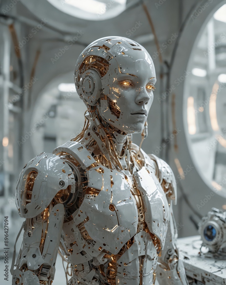 A futuristic, white-and-gold humanoid droid with glowing eyes, standing in a sleek, high-tech environment. Ai generated A futuristic, white-and-gold humanoid droid with glowing eyes, standing in a sleek, high-tech environment. Ai generated