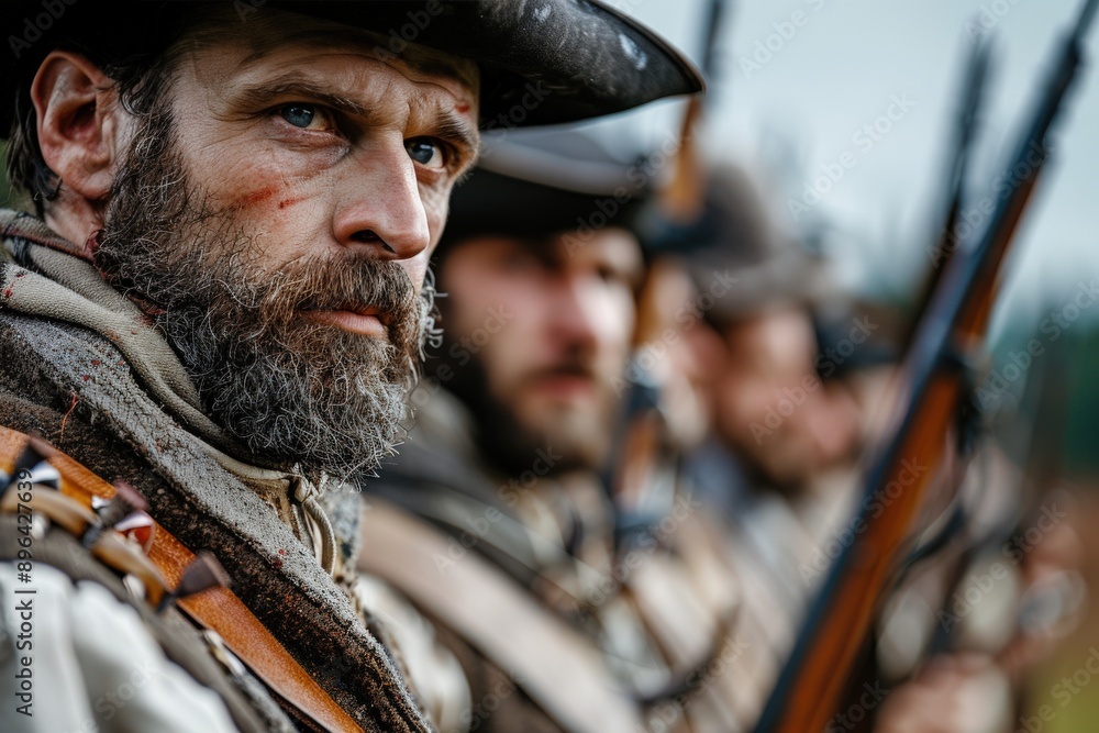 A close-up shot of a historical re-enactor with an intense expression, dressed in period attire, participating in a historical re-enactment with fellow re-enactors in the background. A close-up shot of a historical re-enactor with an intense expression, dressed in period attire, participating in a historical re-enactment with fellow re-enactors in the background.